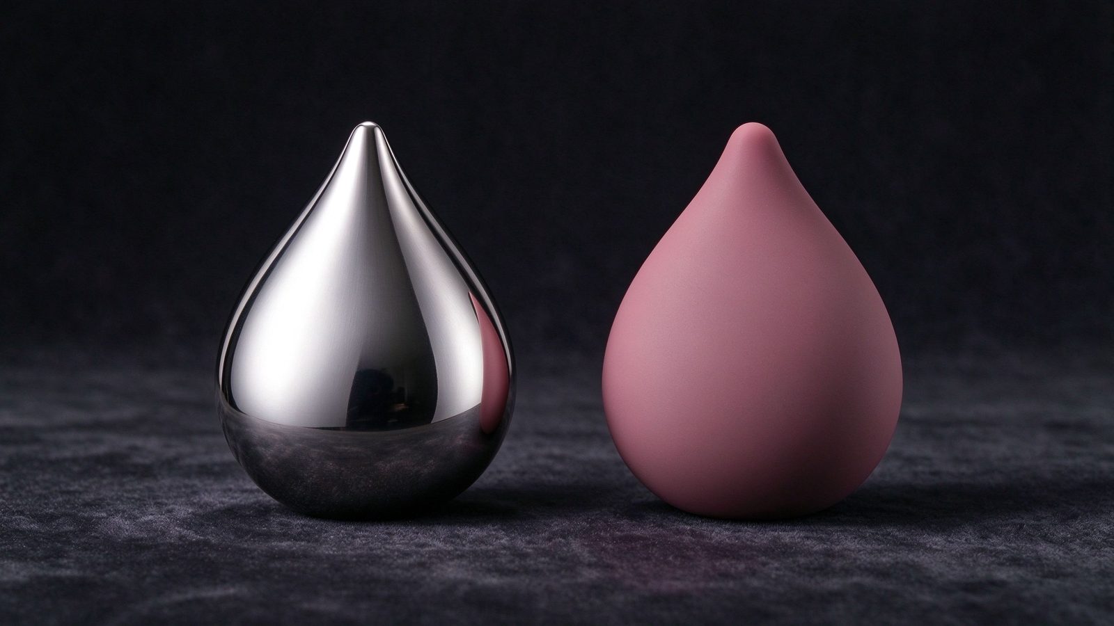 Material comparison — stainless steel vs silicone teardrop products on dark velvet
