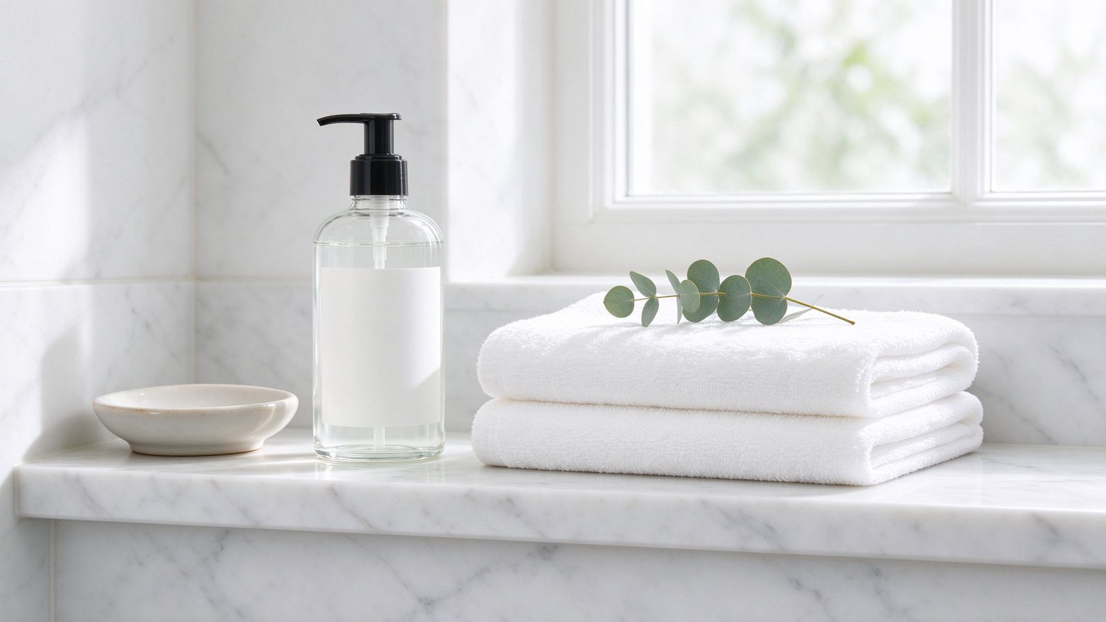 Clean marble bathroom shelf with pump bottle and folded towels, spa aesthetic