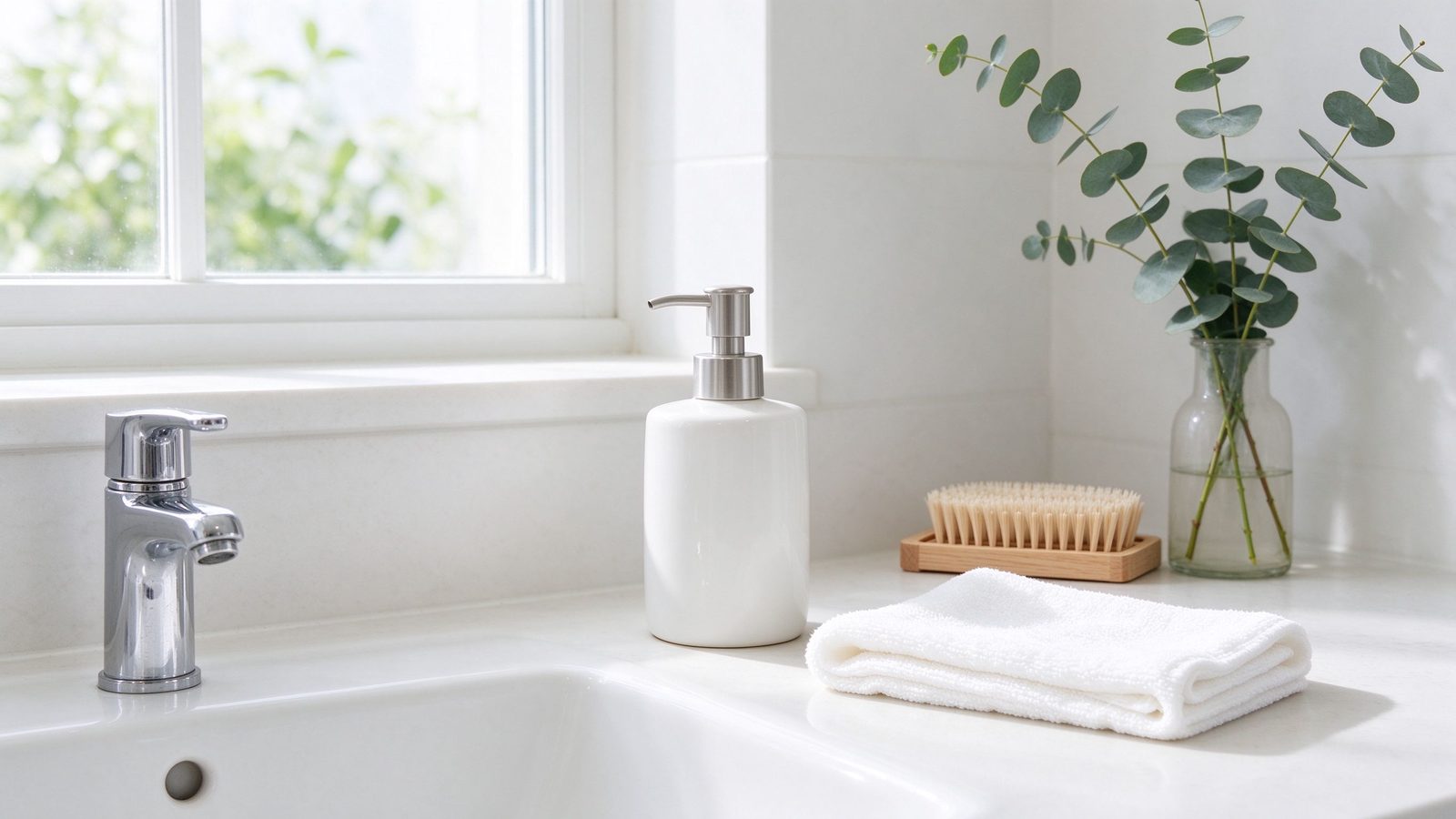 Bright clean bathroom sink with soap dispenser and towels, hygiene routine
