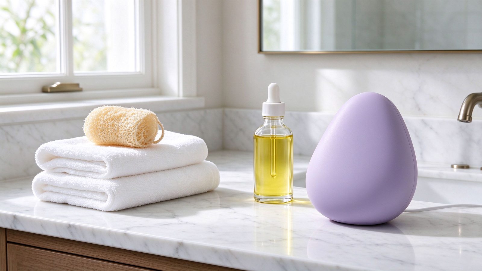 Luxury spa bathroom with lavender wellness device, towels and body oil