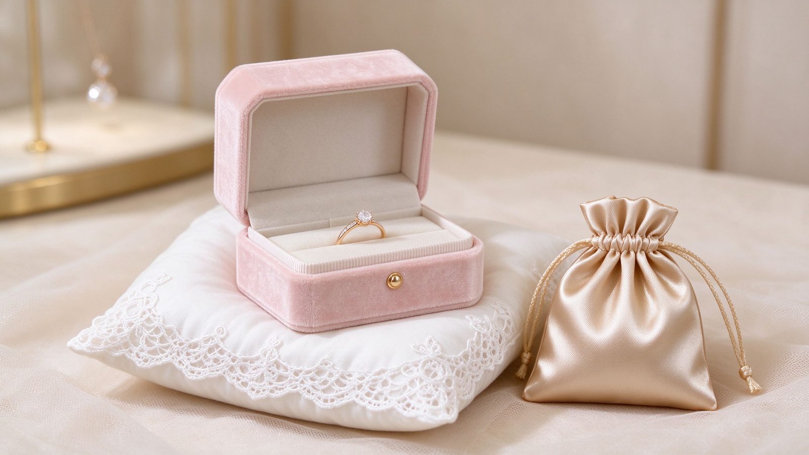 Elegant pink velvet jewelry box with satin pouch, beginner-friendly luxury feel