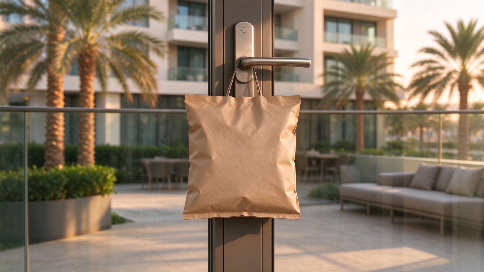 Plain unmarked delivery package on apartment door handle in Dubai, discreet COD packaging