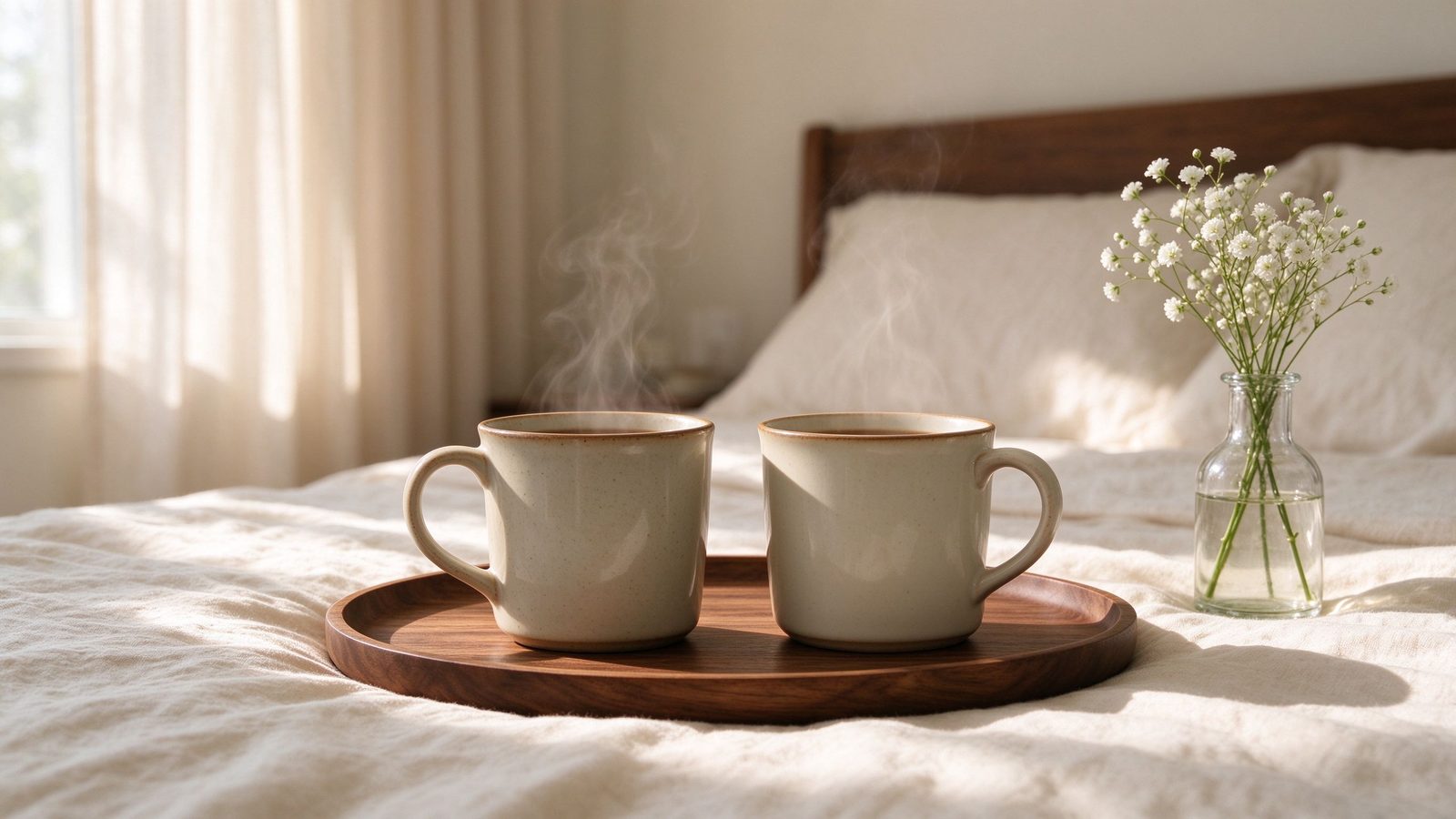Two coffee mugs on tray in bed, cozy couples morning atmosphere