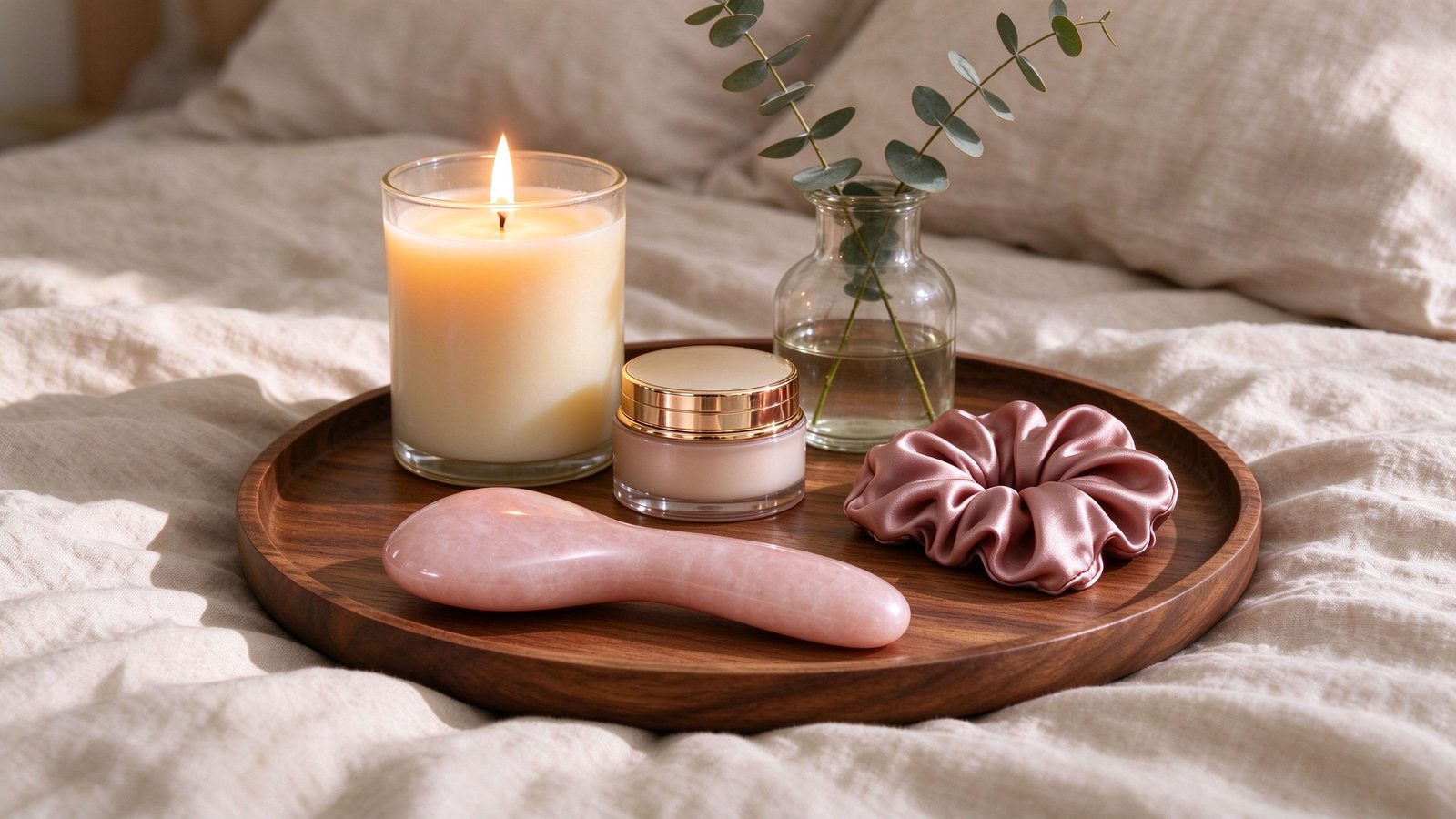 Luxury self-care bedroom scene with candle and wellness products, UAE beginner guide