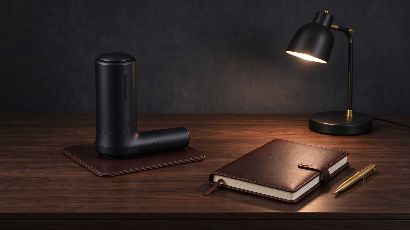 Modern dark walnut desk with matte black wellness device and notebook, masculine style