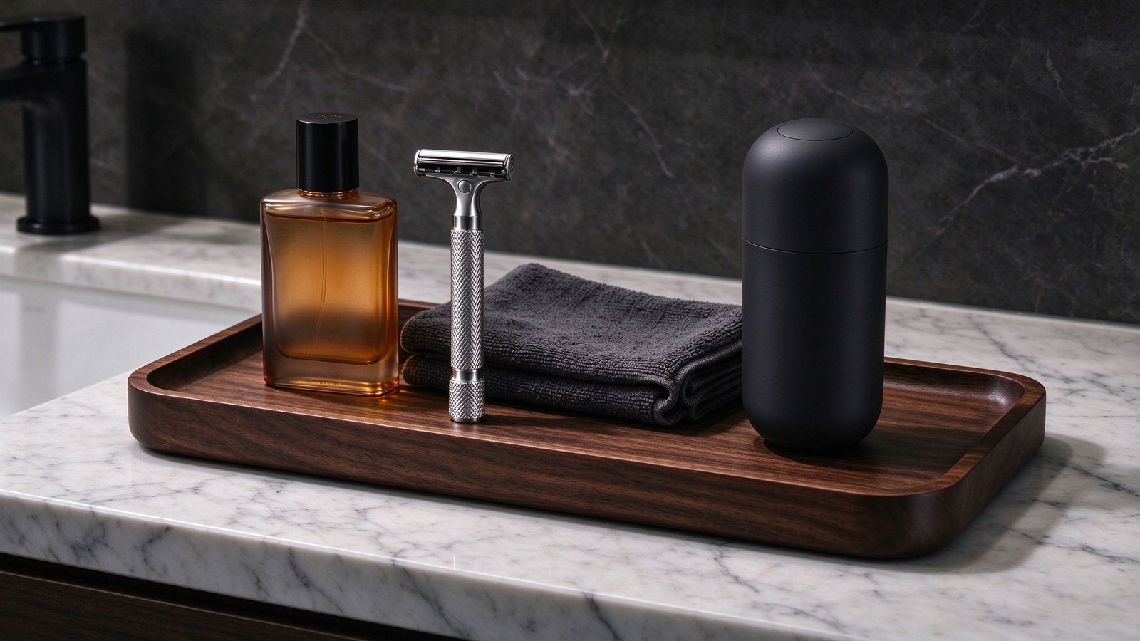 Men's grooming tray with cologne and wellness device on marble bathroom counter