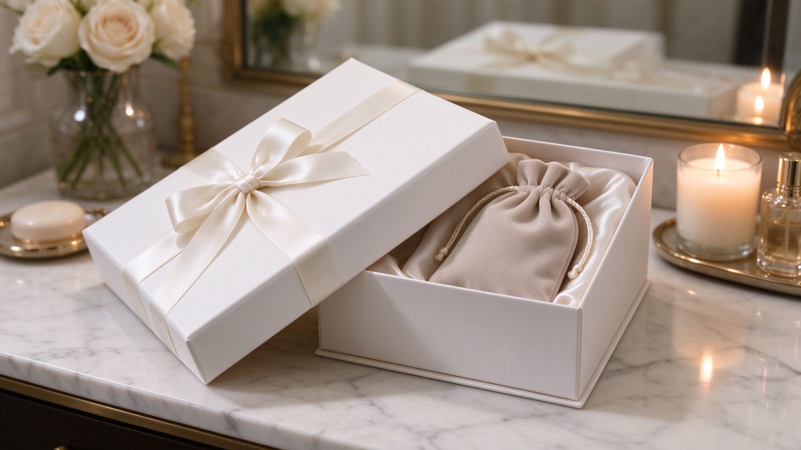 Premium unbranded gift box with silk ribbon on marble vanity, discreet gifting
