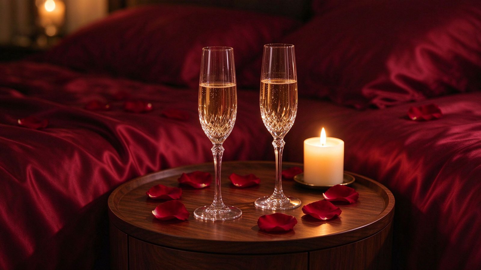 Romantic bedroom with champagne flutes and rose petals, couples intimacy guide