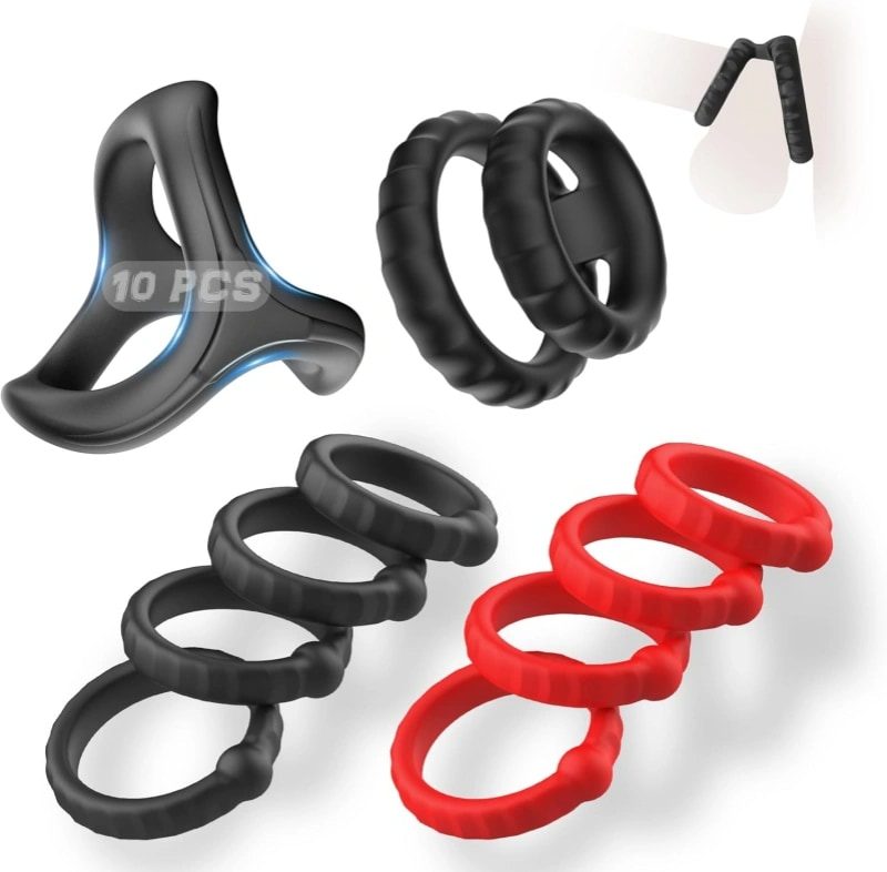 Silicone Cock Ring Set – 10-Piece, Black & Red